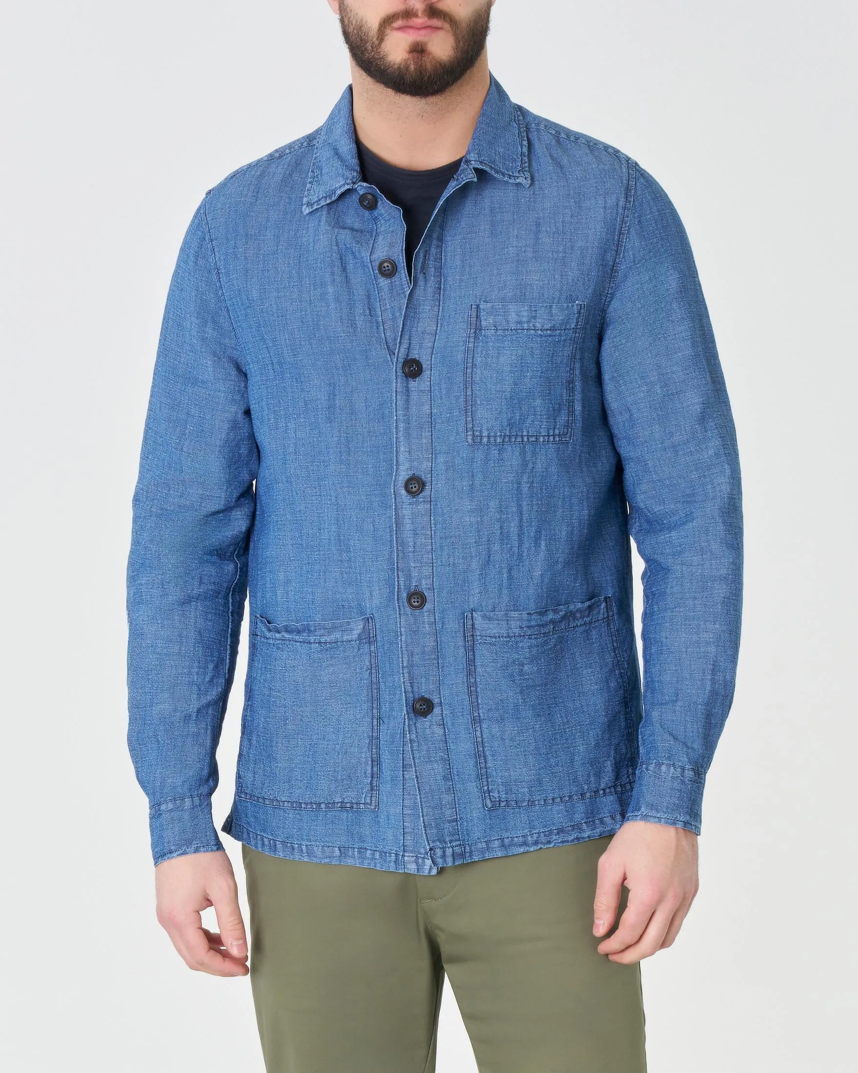 Giacca blu indaco in misto cotone e lino con taschino sul petto