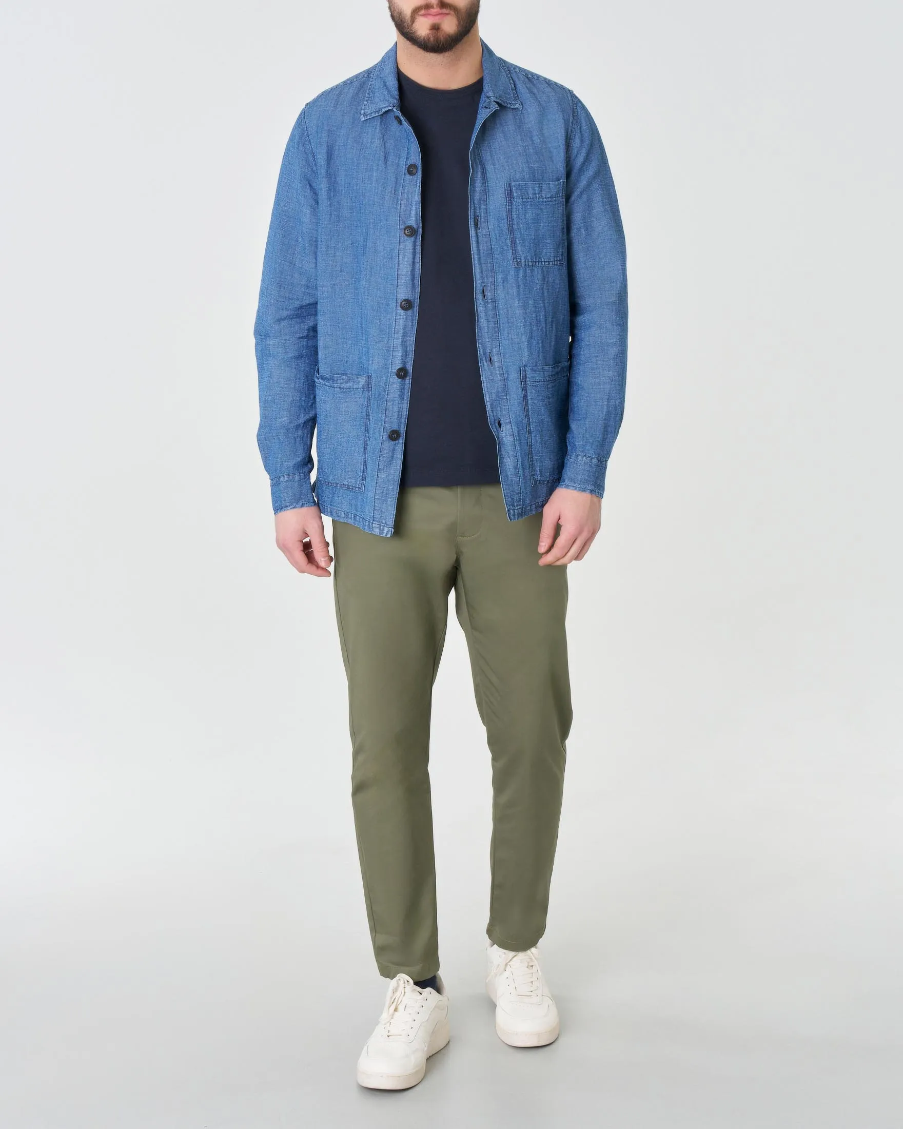 Giacca blu indaco in misto cotone e lino con taschino sul petto