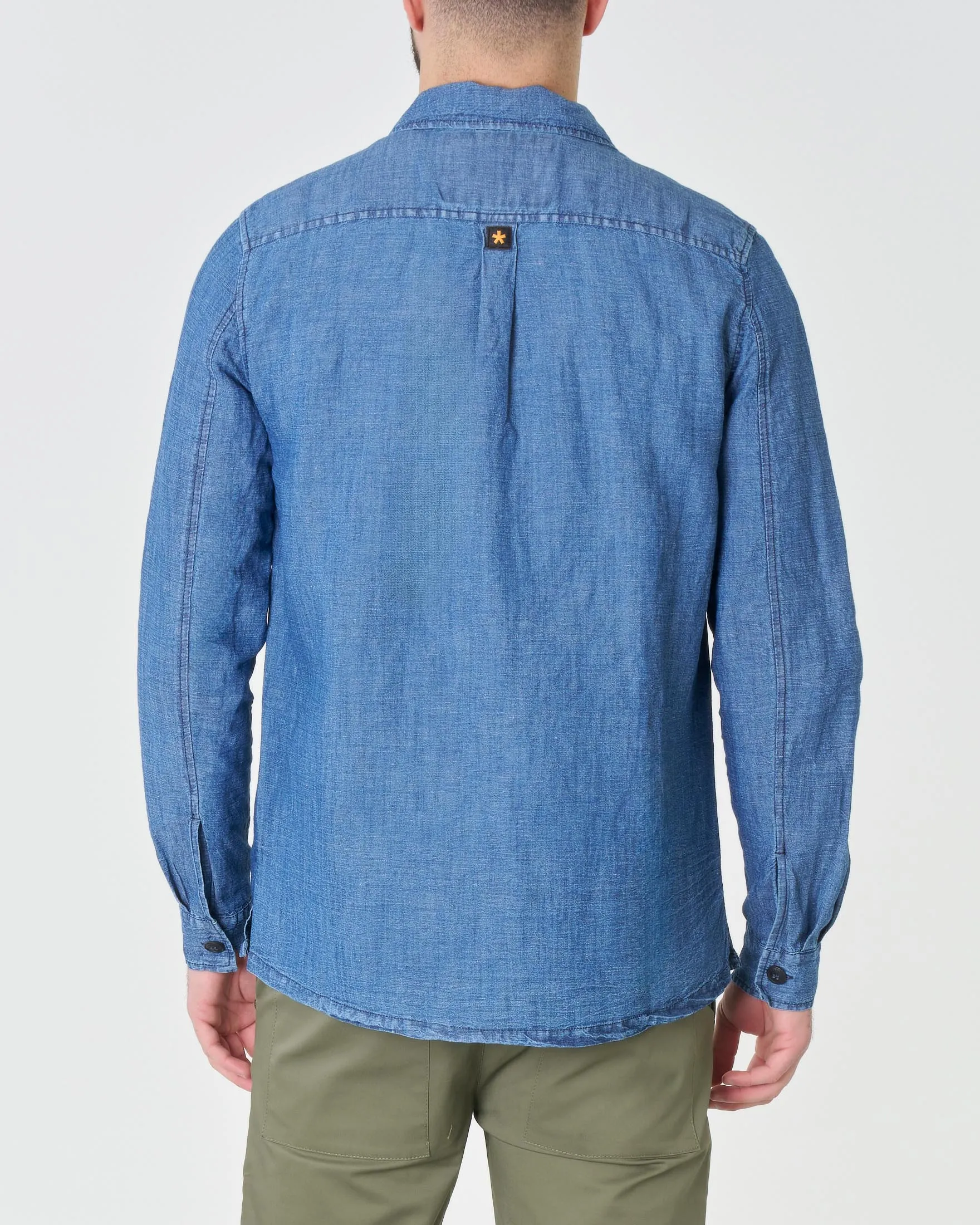 Giacca blu indaco in misto cotone e lino con taschino sul petto